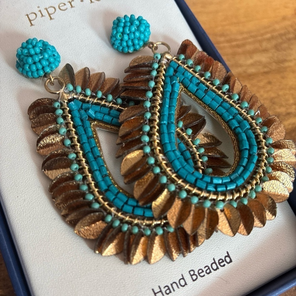 Piper K Earrings Hand Beaded Turquoise Gold Dangle